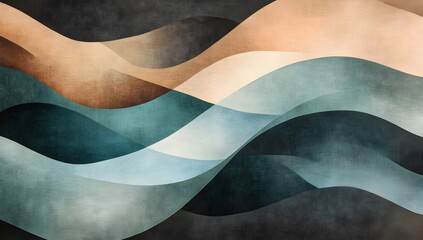 Wall Mural - Waves of Serenity: An abstract depiction of layered waves in calming shades of teal, brown, and beige. evokes the feeling of a peaceful seascape, ideal for adding a touch of tranquility to any design.