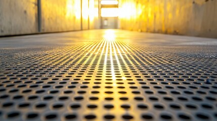 Poster - Metallic Floor with Round Holes and Sunset Light Reflections