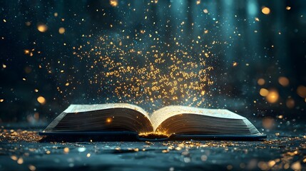 Poster - Glowing golden words floating up from the pages of an open book creating a mystical and enchanted doorway to another realm of possibility and imagination  The image evokes a sense of wonder