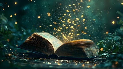 Poster - Glowing golden words floating up from the pages of an open book forming a magical doorway to another dimension beyond  This surreal ethereal image evokes a sense of mystery imagination