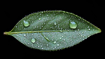 Wall Mural - close-up of a fresh green tea leaf with water droplets in minimalist style on black background