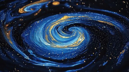 Poster - Vibrant Swirling Blue and Gold Abstract Galaxy with Sparkling Stars