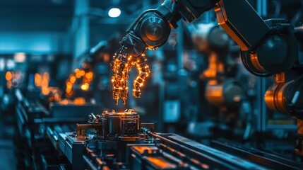 Poster - Robotic Hand Working on Circuit Board in Futuristic Factory Setting