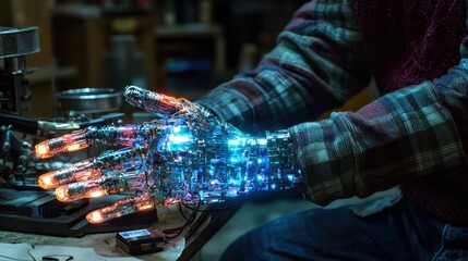 Poster - Robot Hand with Colorful Lights and Detailed Circuitry in Workshop