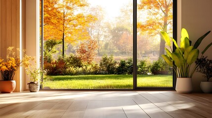 Poster - Empty room with big window overlooking beautiful autumn garden at sunrise