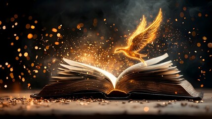 Poster - Glowing Phoenix Wings Spreading from the Pages of an Open Book Symbolizing the Rebirth and Revival of Imagination and Creativity Through the Act of Reading and Learning