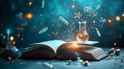 Poster - Captivating image showcasing a glowing scientific laboratory emerging from the pages of an open book featuring floating test tubes DNA strands and holographic atoms orbiting in the air