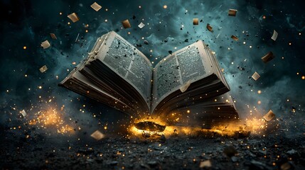 Poster - Unleashing the Wonders of Physics An Open Book Revealing Celestial Mysteries with Floating Black Holes Gravity Waves and Glowing Energy Fields