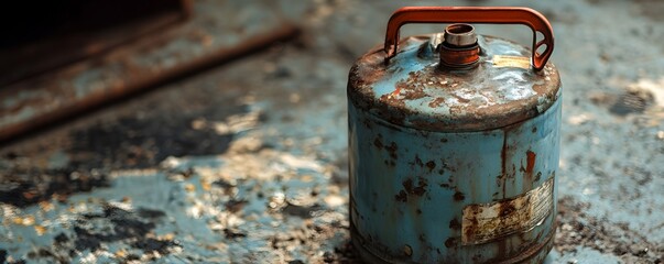 Aufkleber - Rusty metal jerrycan sitting on a dirty floor in an abandoned factory