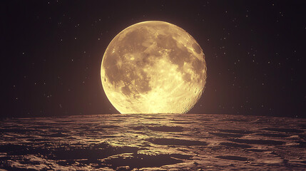Wall Mural - Golden full moon rising over a desolate cratered landscape under a starry dark sky.