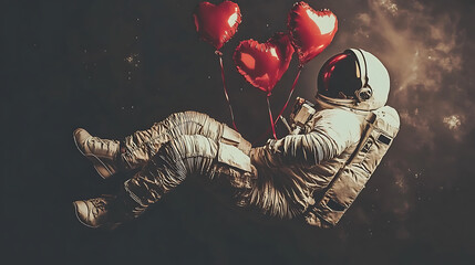 Wall Mural - Astronaut floating in space clutching three red heart-shaped balloons against a dark nebula backdrop.
