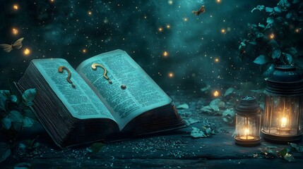 Poster - An open book with glowing question marks serves as a gateway to an abstract surreal landscape where ancient philosophers gather under floating lanterns
