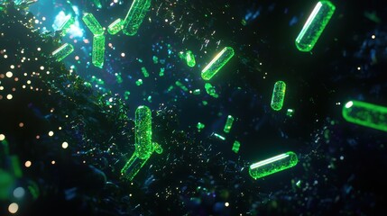 Poster - Vibrant Green Microorganisms Floating in a Mystical Dark Environment