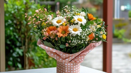 Wall Mural - a beautiful mix of fresh flowers in warm hues, wrapped stylishly in pink polka-dot paper.