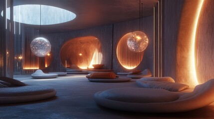 Poster - A futuristic lounge with floating sphere lights, plush seating, and warm tones, blending modern aesthetics with ultimate comfort