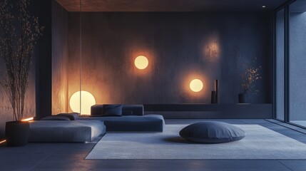 Poster - A futuristic-inspired interior with floating sphere lights, a minimalist sofa, and warm textures, creating a space that is both inviting and innovative