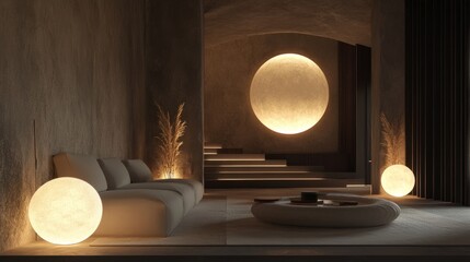 Poster - A futuristic-inspired interior with floating sphere lights, a minimalist sofa, and warm textures, creating a space that is both inviting and innovative