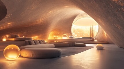 Poster - A futuristic-inspired interior with floating sphere lights, a minimalist sofa, and warm textures, creating a space that is both inviting and innovative