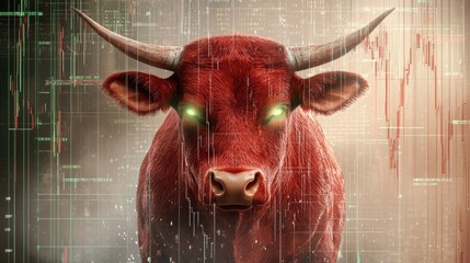 Poster - A bold red bull with intense glowing eyes, surrounded by stock price surges.