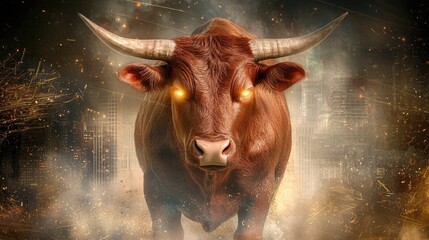 Poster - A bold red bull with intense glowing eyes, surrounded by stock price surges.