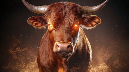 Poster - A bold red bull with intense glowing eyes, surrounded by stock price surges.
