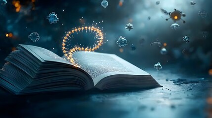 Poster - A visually striking featuring an open book with glowing DNA strands spiraling into the air surrounded by floating molecular structures and biological cells illuminated in a neon light