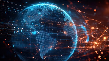 Poster - A digital globe representing global connectivity and technology advancements, featuring illuminated connections and vibrant colors.