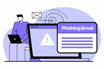 Poster - A man at a computer receives a phishing email alert, showcasing cybersecurity awareness in a digital environment.