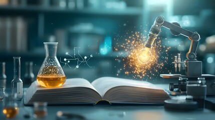 Poster - futuristic science laboratory with holographic beakers and levitating test tubes a digital of advanc