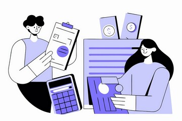 Poster - Two individuals analyze documents and data, using a calculator, in a minimalistic, digital workspace.