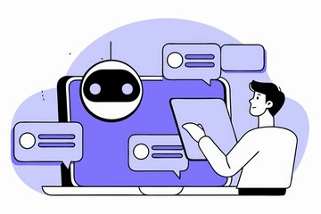Poster - A person interacts with a chatbot on a computer, showcasing the integration of AI in communication and technology.