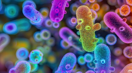 Poster - Colorful microscopic view of bacteria under the lens of a microscope