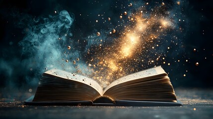 Poster - Unleashing the Quantum Realm An open book unleashes a storm of glowing quantum particles electrons and shifting probability waves forming intricate and captivating patterns above its pages