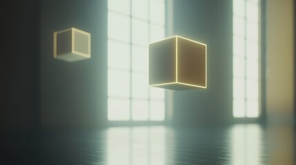Poster - Floating Cubes in Illuminated Room with Soft Natural Light