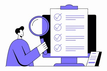 Poster - A person checks off items on a list while using a magnifying glass, focused on a computer screen with a checklist.