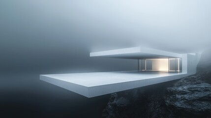 Poster - Modern Minimalist Architecture in Foggy Landscape with Water Feature