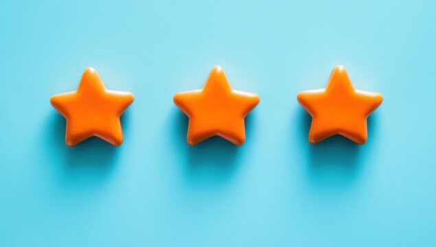 3 orange stars on a light blue background, top view, flat lay. Space for text or logo