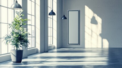 Poster - Bright and Airy Modern Interior with Plant and Reflection in Mirror