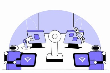 Poster - A modern workspace featuring robotic assistants and screens with wireless connectivity, emphasizing technology and automation.