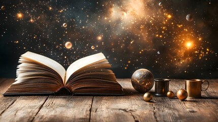 Poster - Holographic solar system with orbiting planets meteor showers and glowing constellations forming celestial shapes emerges from the pages of an open book