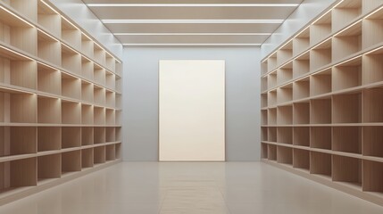 Poster - Minimalist Gallery Interior with Empty Canvas and Wooden Shelves