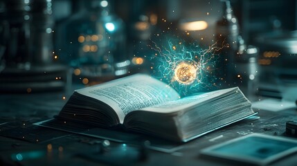 Poster - Unlocking Limitless Power from the Pages of a Futuristic Energy Source A captivating digital visualization of an open book unleashing a boundless source of energy with glowing fusion reactors