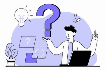 Poster - A person is pondering ideas, surrounded by question marks, a light bulb, and a plant, representing creativity and problem-solving in a digital workspace.