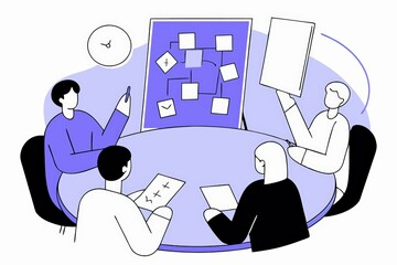 Poster - A group of four people collaborates around a table, analyzing ideas presented on a board, with an emphasis on teamwork and brainstorming.