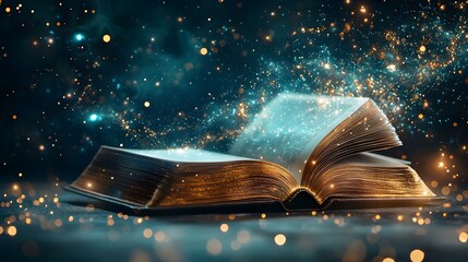 Poster - unraveling the secrets of dark matter a captivating cosmic revealed through the pages of an open boo