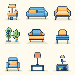 Poster - Cartoon furniture set with sofa, armchairs, lamps, and plant illustrations.