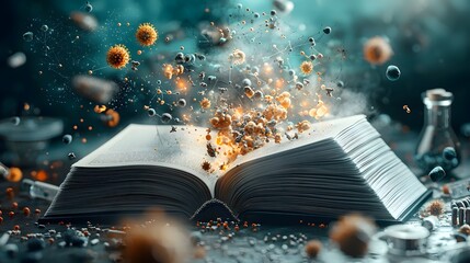 Poster - an open book unfolds to reveal a captivating microscopic world where bacteria viruses and molecular 