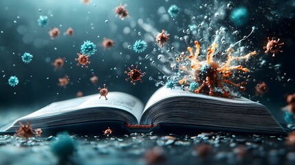 Poster - an open book unfolding to reveal a microscopic world showcasing glowing bacteria viruses and molecul