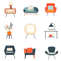Poster - Mid-century modern furniture collection design, orange teal color palette.
