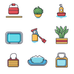 Poster - Vector Illustrations of Home Items, Cleaning Supplies, Plant, and Gadget Icons